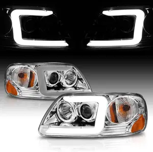 AmeriLite for 1997-2003 Ford F150 Expedition Pickup Truck Chrome C-Type LED Tube Projector Replacement Headlights Set - Driver and Passenger Side