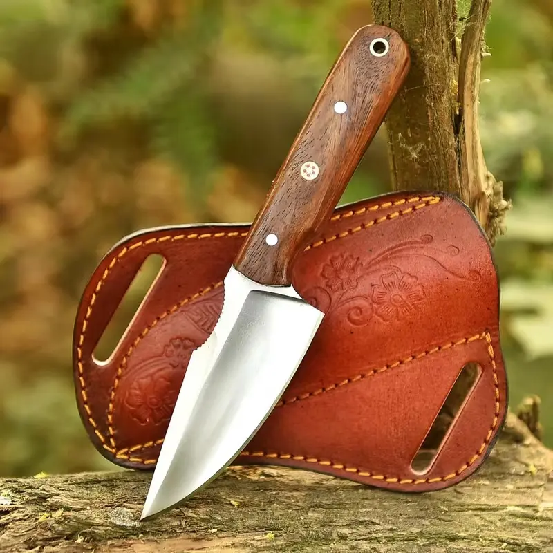 Full Tang Fixed Blade Hunting Knife D2 Steel Blade with Leather Sheath, Walnut Wood Handle & Leather Sheath - Bushcraft Outdoor Skinning & Survival Knife - Collector Men Gifts