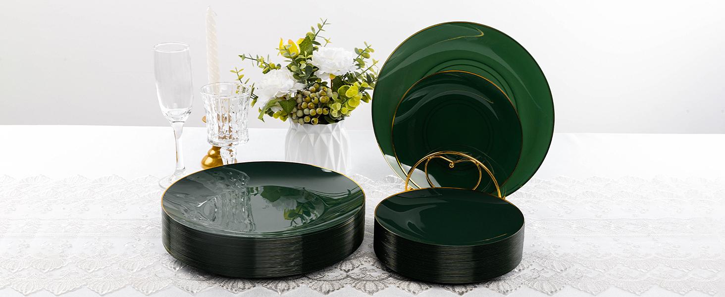 100PCS Green Gold Plastic Plates, St. Patrick's Day Plastic Pates，Green Disposable Plates for Party, Wedding, Include 50 Dinner Plates, 50 Dessert Plates for 50 Guests