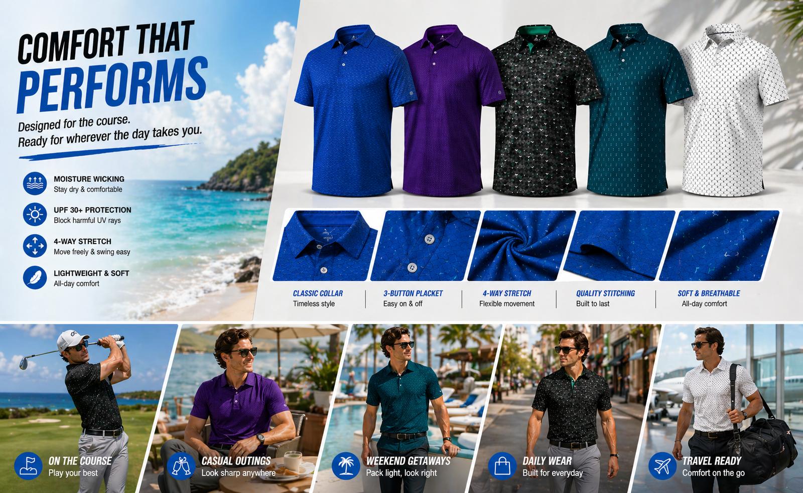 ZITY Men's Golf Shirts Short Sleeve Moisture Wicking Performance Print Patterns Casual Collared Golf Polo Shirt for Men