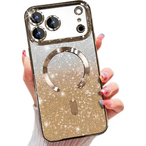 Magnetic Phone Cases for iPhone 17 Pro Max 16 15 14 13 12 11 Pro Max Plus Case Compatible with MagSafe,Built-in Camera Lens Protector Full Protection Soft TPU Anti-Scratch Anti-Fingerprint Magnetic Glitter Slim Case Cover for iphone 17 Pro Max Gold