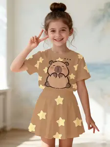 Summer New Girl's Short Sleeve Dress Set, Cartoon 3D Printed Capybara Design, Comfortable Casual Round Neck Top + Skirt Two-Piece