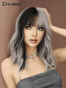 16 Inch Two Tone Wig Silver Ash Pink Curly Wigs For Women Shoulder Length Wavy Wig With Bangs Synthetic Heat Resistant Fiber Synthetic Material Wigs Beautiful Fluffy Wigs For Girls Daily Party Cosplay Use Beginner Birthday Gifts ( Black Highlight Hair )
