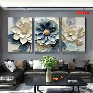 Modern Minimalist Canvas Wall Art Set, 3-Piece Framed Floral Decorations for Living Room & Dining Area, Modern Home Decor, Blue Scheme