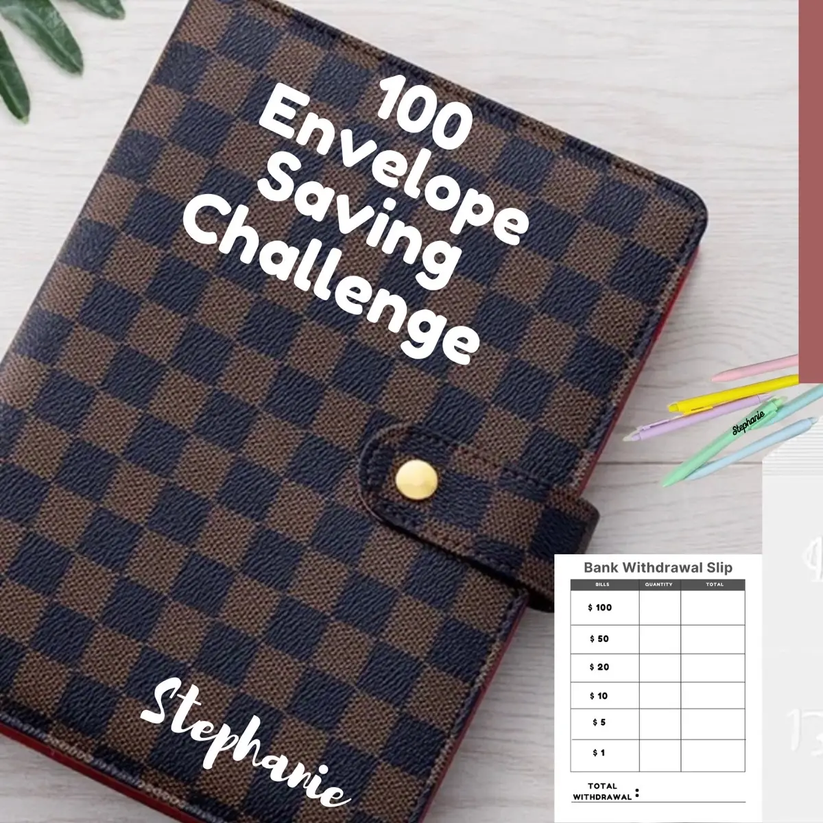 100 ENVELOPE SAVING CHALLENGE | Personalized Name | with Pen | A5 Plaid | PU leather financial goal challenge binder savings challenge