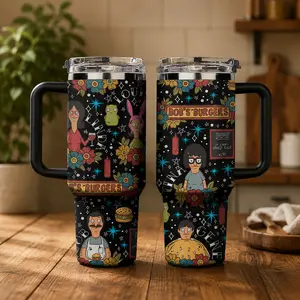 Bob’s Burgers 40oz Tumbler With Handle, Cartoon Family Cup, Custom Burger Menu Stainless Steel Travel Mug, Funny Animation Gift, Gift For Fans