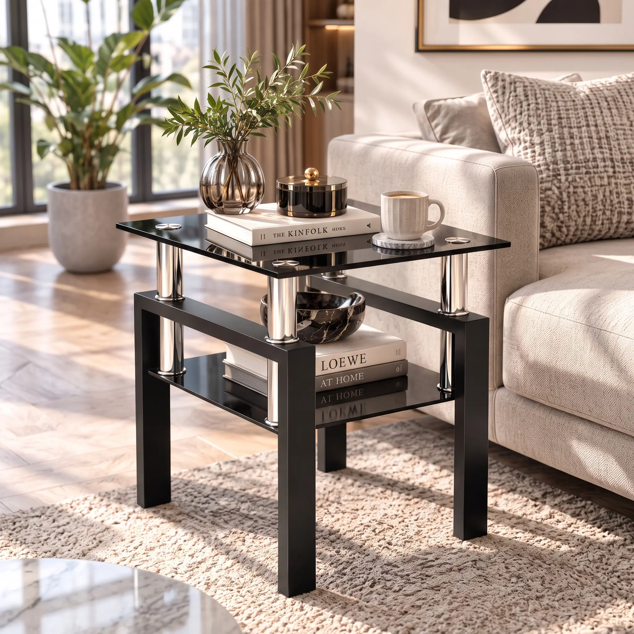 Modern Glass End Table, 2-Tier Side Table with Tempered Glass Top & Metal Legs, Night Stand Corner Table for Living Room, Bedroom