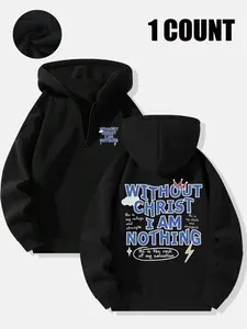 Men's Half-Zip Graphic Hoodie, Casual Loose-Fit Long Sleeve Knit Pullover, Daily Wear Sportswear, Comfortable and Stylish Hooded Sweatshirt