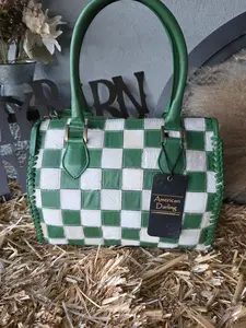 DUFFELE BAG GREEN LEATHER AND WHITE COWHIDE CHECKERED