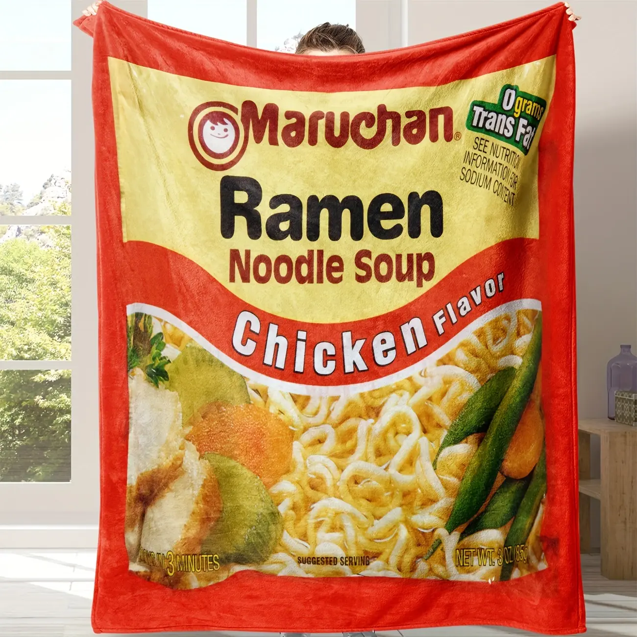Maruchan Soft Lightweight 1pc Chicken Flavor Ramen Noodle Soup Design Flannel Blanket Cozy Home Decor Gift with Cilantro Theme for Sofa Bed Travel & Camping All-Season Throw