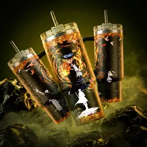 Sabo Fire Fist One P Revolutionary Army 40 oz Vacuum Insulated Tumbler with Handle & Straw Mera Mera no Mi Flame Graphic Design Keeps Drinks Hot/Cold 12H+, 18/8 Stainless Steel Travel Mug for Fans Manga Lovers Anime Merch Gift