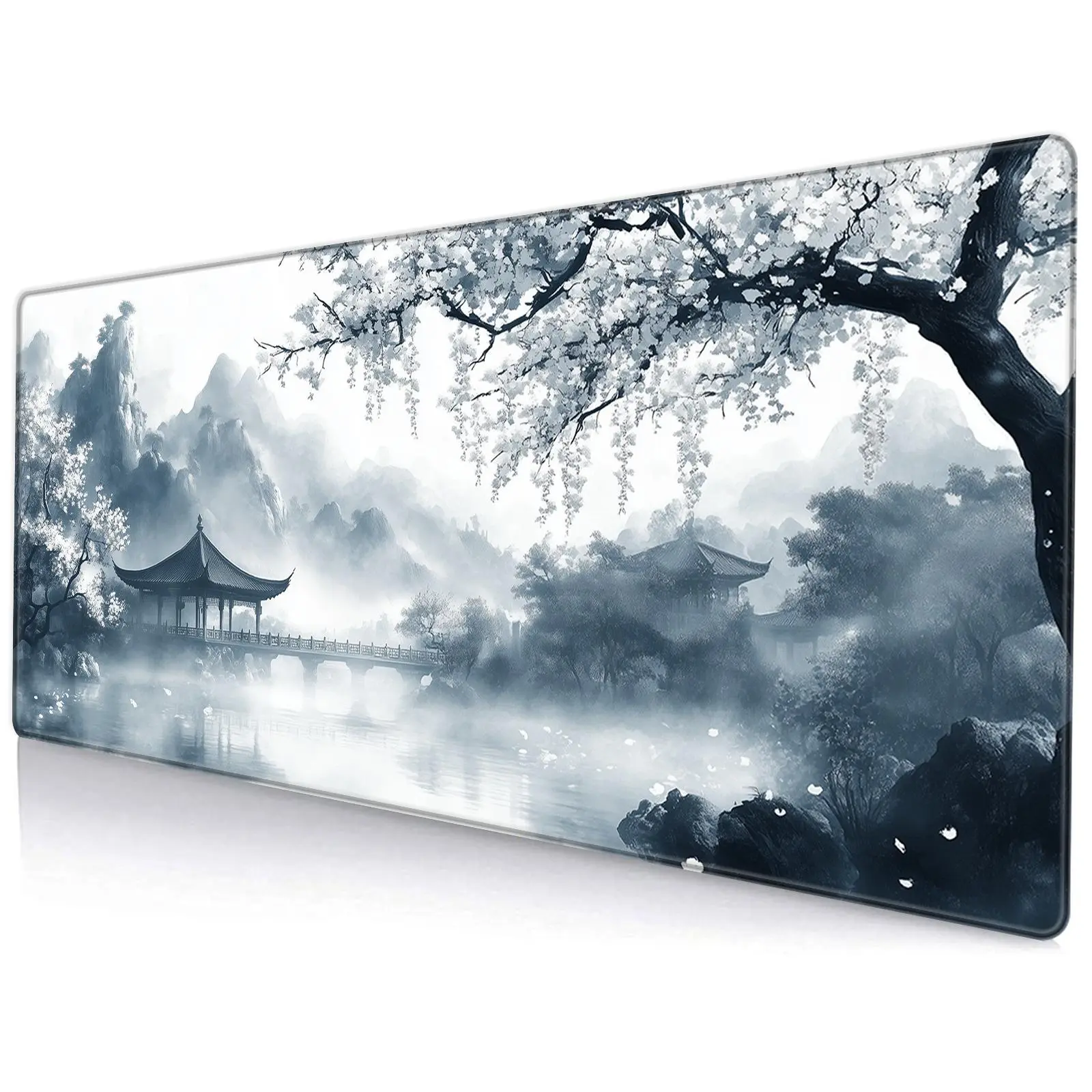Chinese Ink Landscape & Mountain Pattern Mouse Pad, Extended Anti-slip Rubber Desktop Pad with Precise Stitching Edges, Suitable for Home Office, Desk Accessories Decor, Desk Mats, Aesthetic Desk Accessories