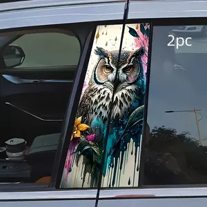 2pcs High-Grade Waterproof Vinyl Car B-Pillar Stickers, Creative Owl & Floral Decals, Durable Self-Adhesive for Cars, Walls, Windows, Truck Decal