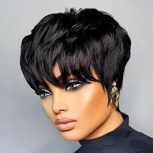 OPQHAIR Chic 6-Inch Black Pixie Cut Straight Wig with Bangs Rose Mesh Hat, Easy To Wear, Suitable For Daily Wear Women' Glueless Short Pixie Wig