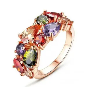 Colorful Multi-Gemstone CZ Ring | Rose Gold Plated Bohemian Statement Jewelry for Women