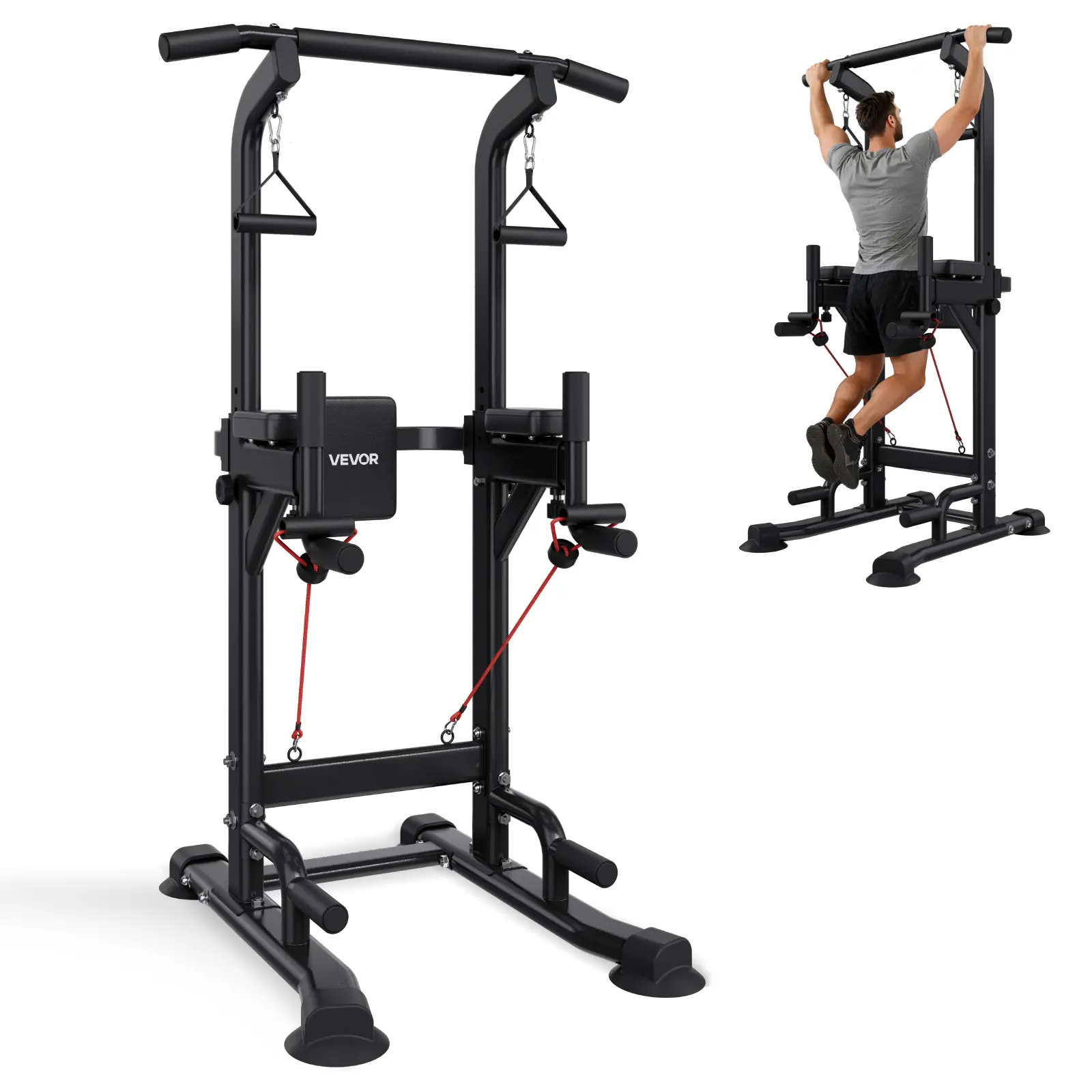 VEVOR Carbon Steel Pull Up Bar, 330 LBS Home Gym Power Tower, 12 Levels Adjustable Free Standing Chin Up Bar with H-Shaped Stable Base, 4-Level Adjustable Back Pad for Strength Training