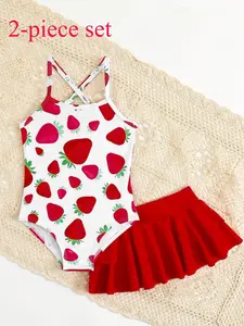 Girls Strawberry Pattern Swimsuit Set, Cute Two-Piece Swimwear, Strapless One Piece Top & Layered Ruffle Skirt, Beach Vacation