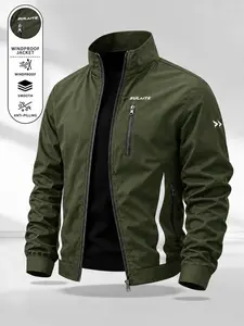 Men's Casual Stand Collar Jacket, Long Sleeve Fitted Design, Zip Closure, Multi-Pocket Utility, All-Season Wear, Comfortable & Stylish, Polyester
