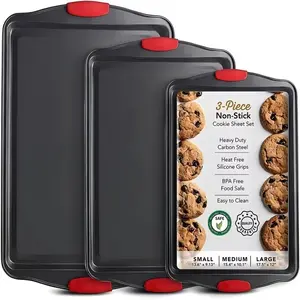 3-Piece Carbon Steel Non-Stick Baking Tray Set, Oven & Bread Machine Accessories, Commercial Use, Dual-Sided Coating, Silicone Handle