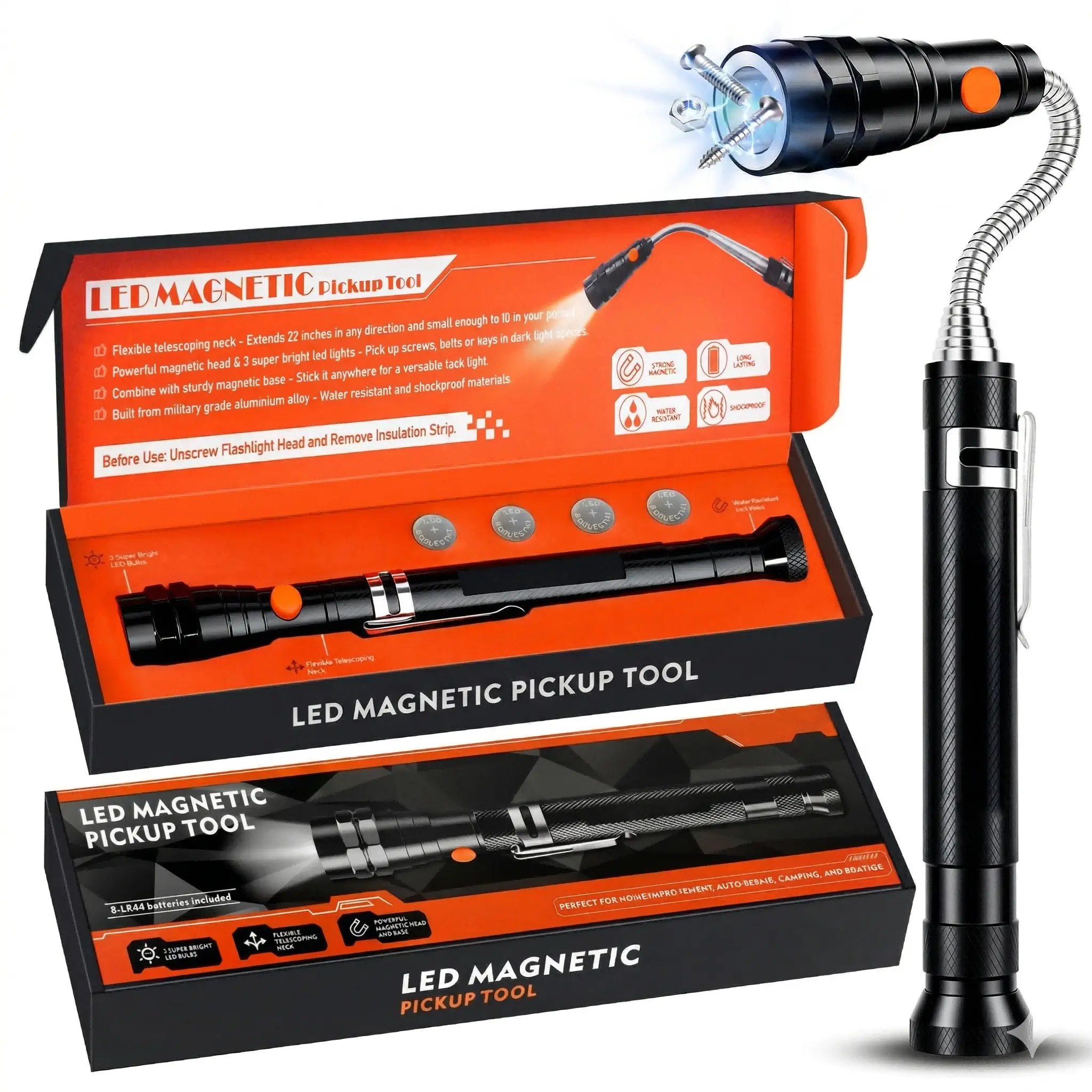 Adjustable Portable LED Flashlight - 22" Ext Magnetic Telescoping Aluminum Alloy Tool with Flexible Neck, Pocket Clip, Ideal for Camping, Car Repair, Hunting, Campfire/BBQ Party, Tool Upgrade Gift for Mechanics