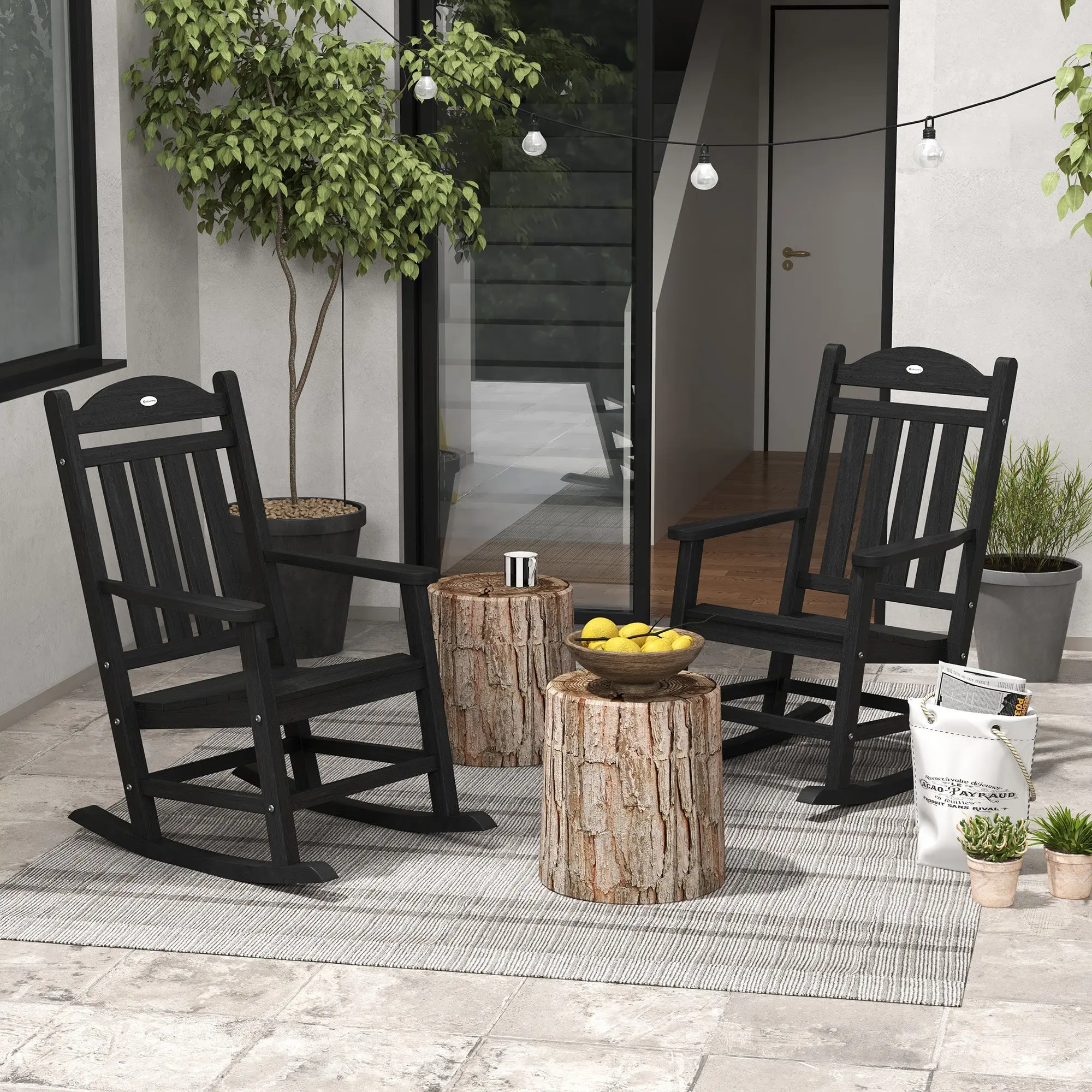 2-Piece HDPE Plastic Slatted Outdoor Rocking Chair Set with Arms, Weatherproof Outdoor Furniture