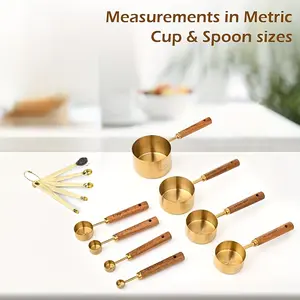 13 piece wooden handle measuring spoon and measuring cup set, stainless steel gold-plated baking measuring tool, kitchen precision weighing artifact, gold stackable measuring spoon and measuring cup, wooden handle with high aesthetic value, ins style