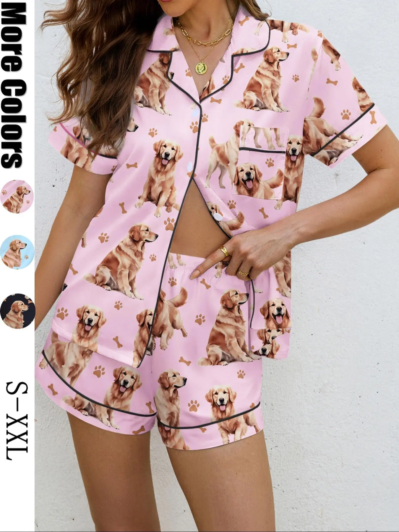 Cute Dog Print Women's Printed Pajama Set Pjs, Matching Pj Set, Womenswear Casual All-Over Print Shirt & Shorts, Soft Knit Fitted Sleepwear Loungewear for Holiday Party Home Comfort