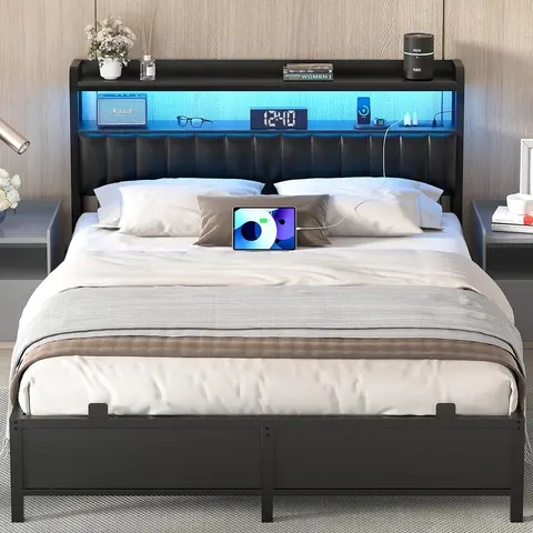 Bed Frame with Adjustable Upholstered Leather Headboard ＆ Charging Station ＆ LED Lights,Steel Slat Support,Modern Bedroom Apartment Interior Furniture Outdoorfun,dorm essentials,home decor