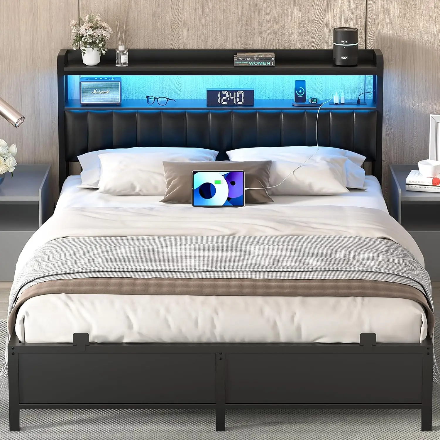 Bed Frame with Adjustable Upholstered Leather Headboard ＆ Charging Station ＆ LED Lights,Steel Slat Support,Modern Bedroom Apartment Interior Furniture