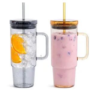 2pcs 30oz Tumbler Set with Handle and Straw Large Capacity Iced Coffee Cup Clear Reusable Plastic Mug Leakproof Lid Lightweight Travel Drinking Cup for Water Smoothies Boba Home Office Gym Car Everyday Use