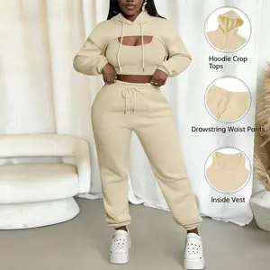 Kafiloe Womens Sexy 3 Piece Tracksuits Fall Long Sleeve Pullover Hoodie + Tank + Jogging Pants Outfits Sweatsuit Workout Sets Sportswear Set Sporty Round Neck