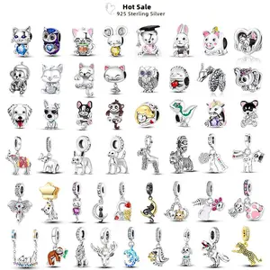 Animal Charms Fit Pendant S925 Silve Schnauzer Bulldog Elephant Cat Paws Owl Dangle Beads Original Bracelets DIY Jewelry Making