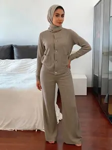 Women's Casual Comfortable Round Neck Long Sleeve Knit Sweater Set, High Waist Versatile Wide Leg Pants, 2 Piece