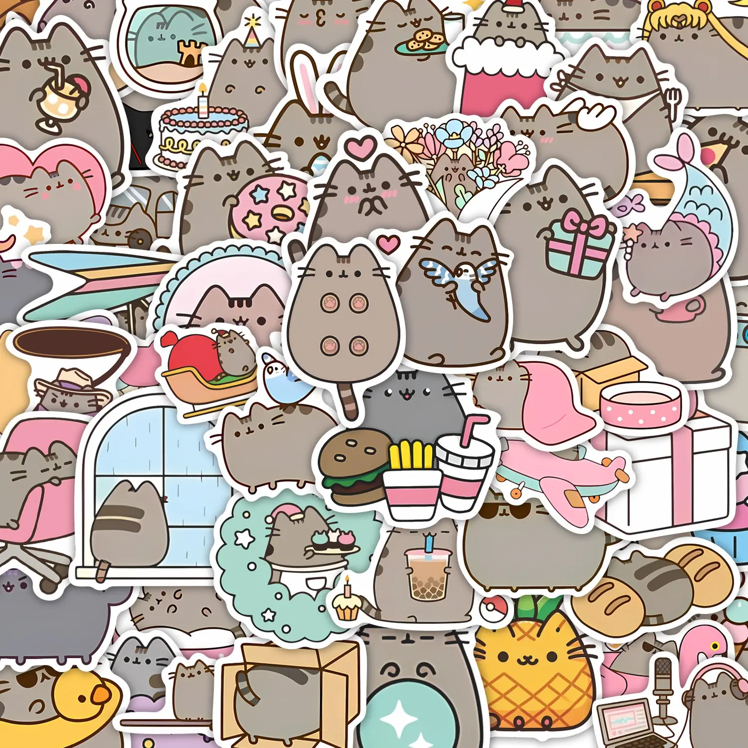 57Pcs Pusheen Stickers Pack, Sticker Sheets, Sticker Collage Pack, Waterproof Kawaii Cute Cat & Cartoon Character Vinyl Decals, Adhesive Stickers for Laptop, Water Bottle, Journal & Scrapbook, Pusheen Fan Gift, Stickers Kit, Cute Animal Stickers