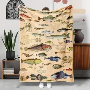 Cozy Vintage Cartoon Fish Flannel Throw Blanket - Soft, Warm, And Suitable for Allergy Sufferers, Perfect for Use on a Couch, Bed, Or in The Office - a Versatile Cover for Lunch Breaks