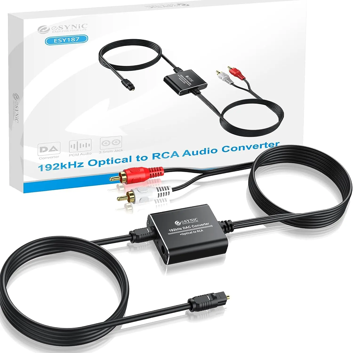 eSynic 192kHz Digital-to-Analog Audio Converter, Portable Optical to RCA Adapter with 2.1m Cable, Aluminum Alloy Shell - 192khz Support, Advanced Electronic Components, Digital Audio Out/Plug-and-Play Adapters & Cables for HDTV, Blu-ray