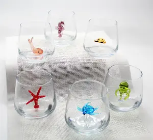 3D Drinking Glass Cup with Cute Animal Figurine Inside Hand Blown Stemless Glass for Wine Water Milk Beverages 12oz