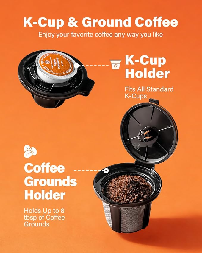 Programmable 5 Cup Drip Coffee Maker, Single Serve Hot & Iced Coffee Machine for K Cup & Grounds, 95oz Removable Reservoir, 6–24oz Brew Size, Strong Brew, Stainless Steel Thermal Carafe, Black