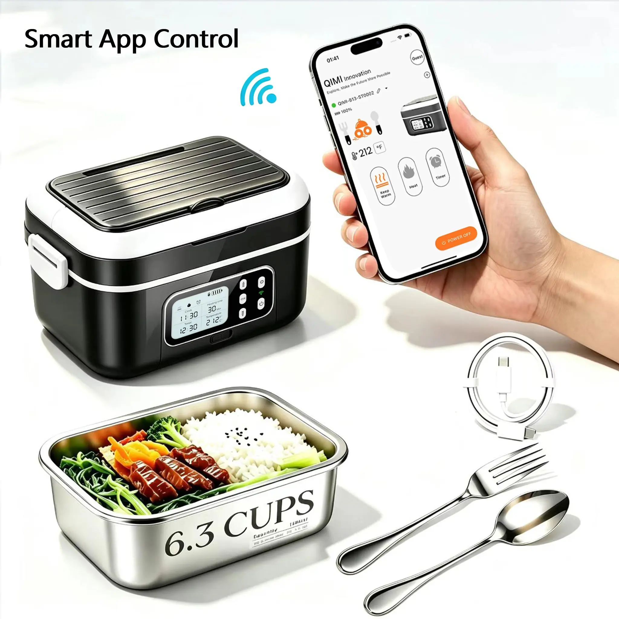 Smart App Connection,Cordless Electric Heated Lunch Box - 6.3 Cups, 27000mAh Battery, Smart Timer, Rapid Heating, Stainless Steel Cutlery, Insulated Bag, for Men, Office, Camping