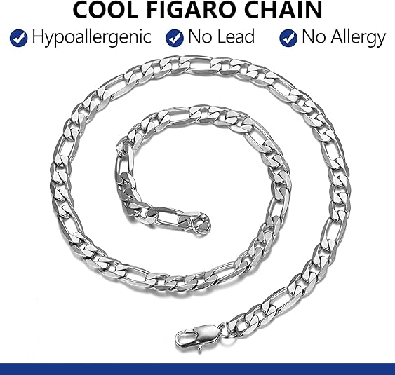 COOL FIGARO CHAIN 925 Sterling silver plated Necklace 6MM-8MM-10MM Women and Mens Figaro Chain Necklace ,Hip Hop Streetwear,Minimalist Layering Jewelry, Hypoallergenic & Tarnish-Resistant, Durable Hip Hop Jewelry for Daily Wear