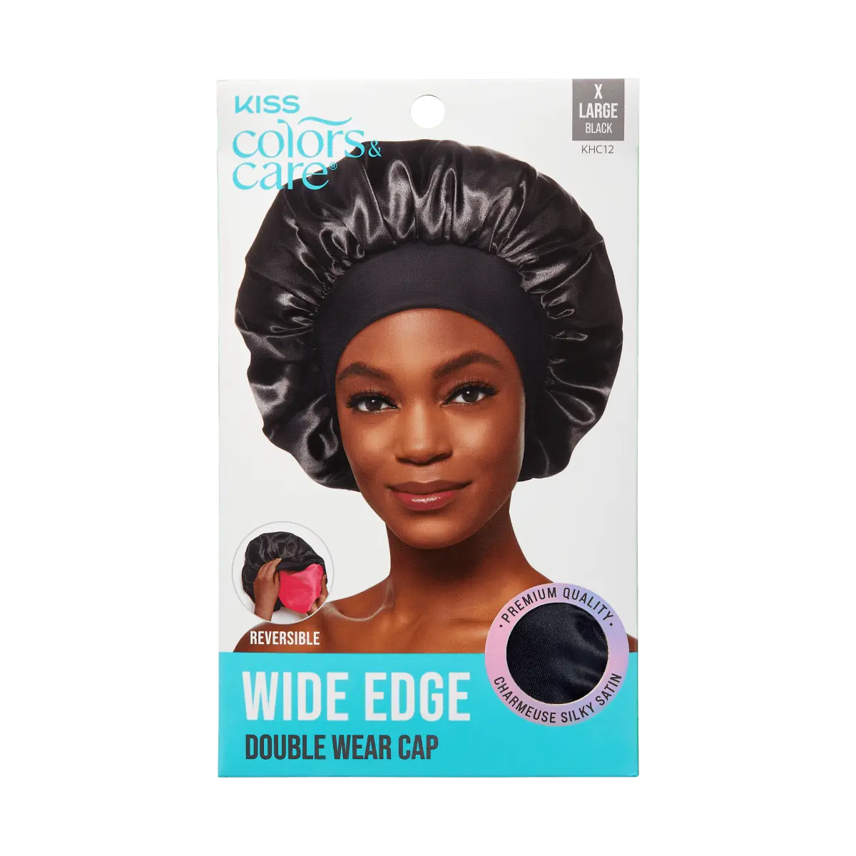 Kiss Colors & Care Silky Satin Double Wear Cap, XL - Black | Reversible, Extra-Large, Silk Bonnet, Sleep Bonnet, Hair Accessories