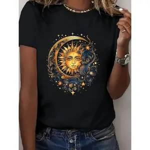 Women's Celestial Sun & Moon Graphic T-Shirt - 100%25 Cotton Loose Fit Round Neck Short Sleeve Top, Casual & Party Wear, Machine Washable Spring/Summer Essential, Spring Wardrobe, Stylish Top, Breathable Fabric