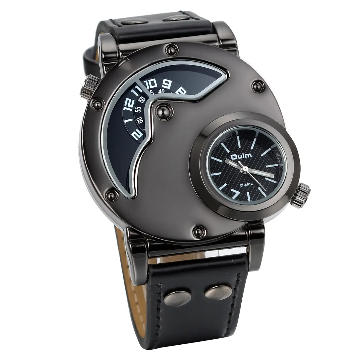 OIDEA Men's Masculine Round Multi-Function Anti-Scratch Dual Time Zone Quartz Sport Watch, Explorer Case, Mineral Glass, Leather Strap, Multi-Function Quartz Watches, Round Quartz Watches
