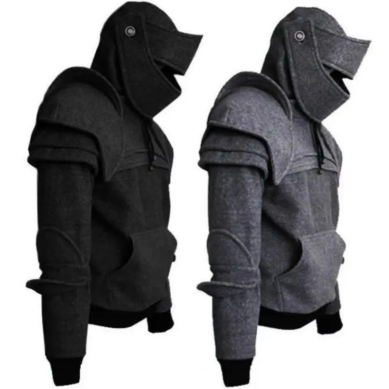 Men's Solid Color Pullover Hoodie with Front Pocket, Medieval Knight Face Cover Hooded Sweatshirt for Halloween Costume, Long Sleeve