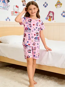 Girls' 2-Piece Cartoon Print Short Sleeve Shorts Pajama Set, Casual Fitted Sleepwear for Home Use, Comfortable Nightwear for Kids