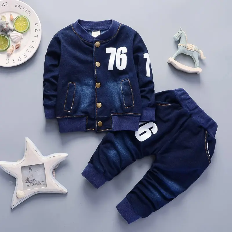 Boys' 2-Piece Denim Suit, Casual Long Sleeve Jacket and Fitted Pants with a Washed Look for Kids' Wear, Casual Wear, Two-Piece Suit