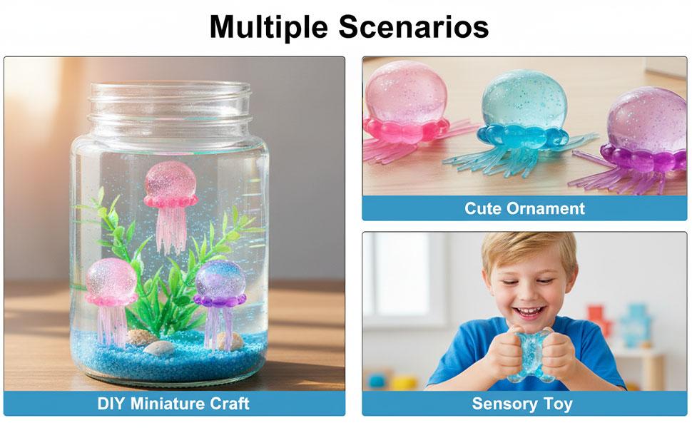 KIDGENIUS Premium Quiet Jellyfish Squeeze Stress Ball 3-Pack, Glittery Squishies Anxiety Fidgets FX Sensory Toy Squishy for Sensory Relief, Office Toys for Grown Ups & Teens