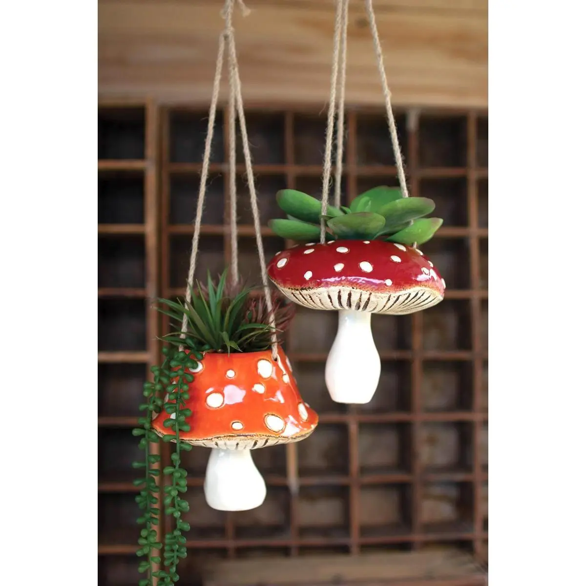 Set Of Two Ceramic Toadstool Hanging Planters