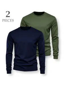 Men's Pure Cotton Crew Neck Long Sleeve T-Shirt, Ribbed Cuffs, Moderately Thick Fabric, Unisex All-Season Versatile Casual Basic Top, Perfect Holiday Gift