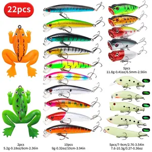 22pcs Hard Lure Bait Kit Minnow Popper Pencil Luminous Soft Frog Set for Beginners and Professional Fishing fishing  advent